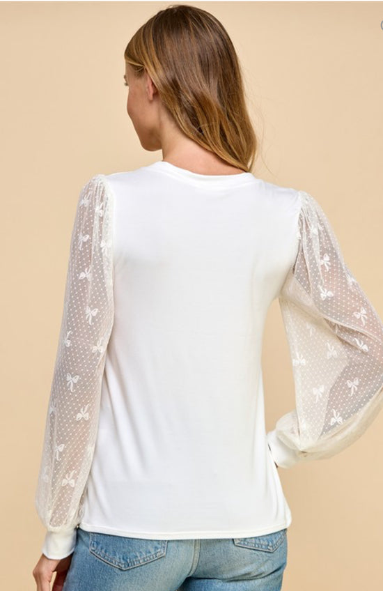 Les Amis Sheer Sleeve with Bow Detail White