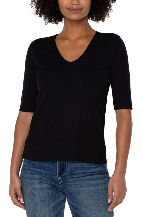 Liverpool 1/2 Sleeve V Neck Double Layer Front Knit Top Black
