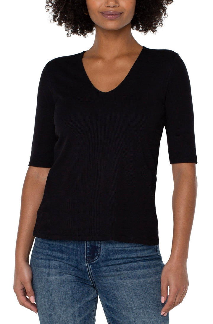 Liverpool 1/2 Sleeve V Neck Double Layer Front Knit Top Black