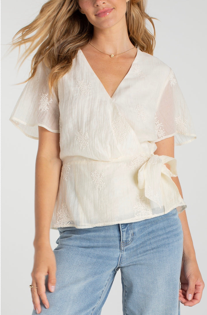 Liverpool Wrap Front Woven S/S Top W/Tie and Textured Pattern Cream