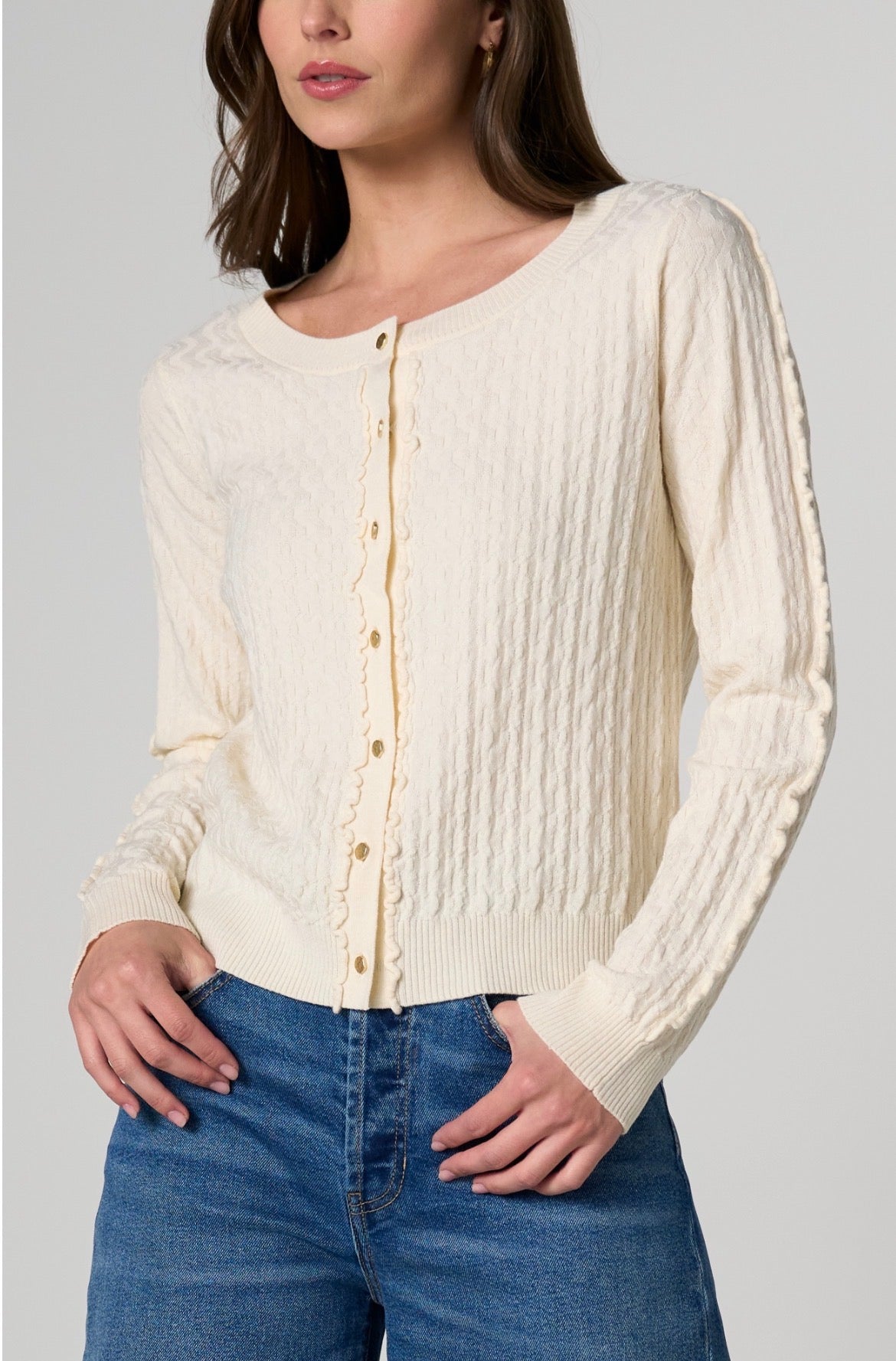Liverpool Long Sleeve Button Front Cardigan w/Ruffles Cream