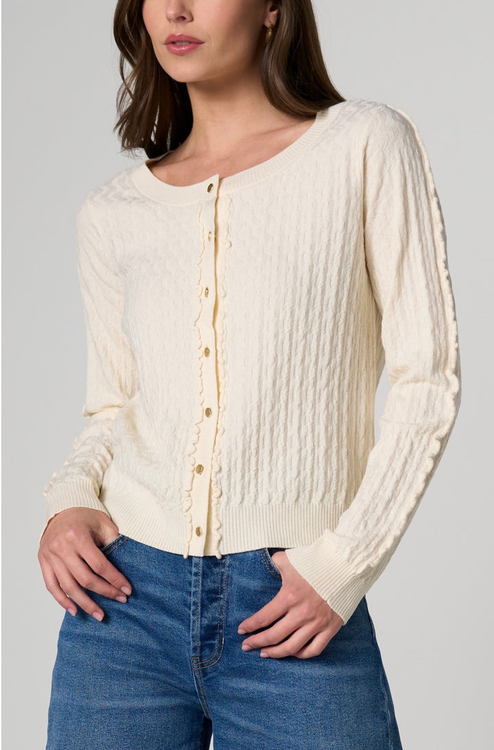 Liverpool Long Sleeve Button Front Cardigan w/Ruffles Cream