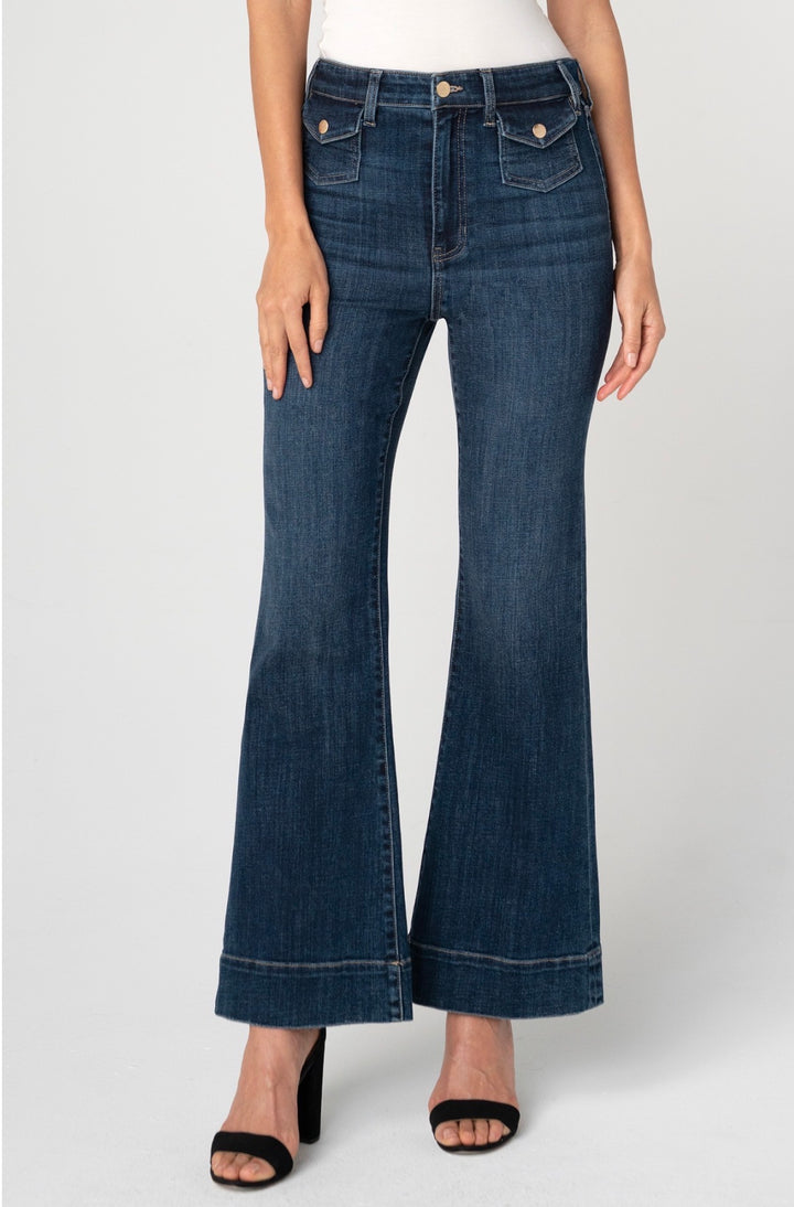 Liverpool Hannah High Waist Flare w/mini patch pockets wide hem 30" Inseam Dark Wash