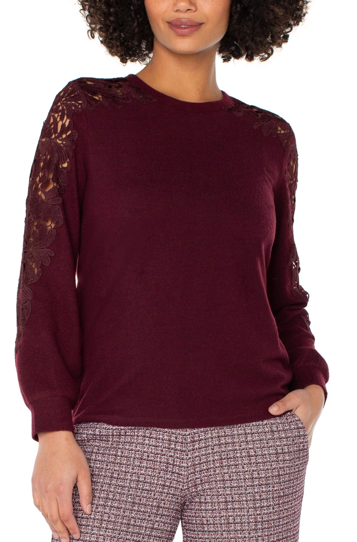 Liverpool L/S Crew Neck Lace Inset Sleeve Sweater Burgandy