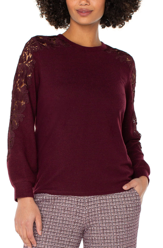 Liverpool L/S Crew Neck Lace Inset Sleeve Sweater Burgandy