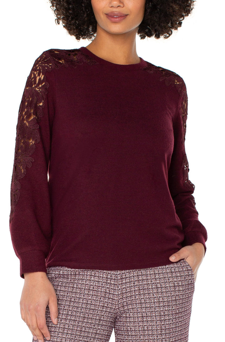 Liverpool L/S Crew Neck Lace Inset Sleeve Sweater Burgandy