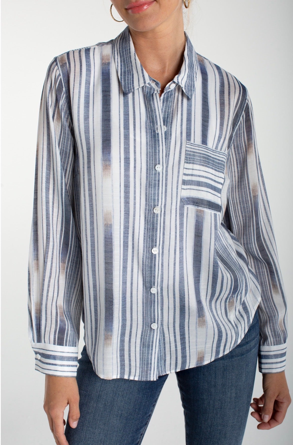 Liverpool L/S Button Front Blouse with Blue/White Stripes