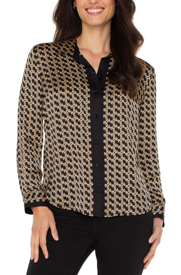 Liverpool L/S Button Front Woven Blk/Gold Print Blouse