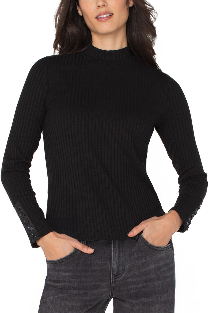 Liverpool L/S Mock Neck Sweater w/Button Sleeve Black