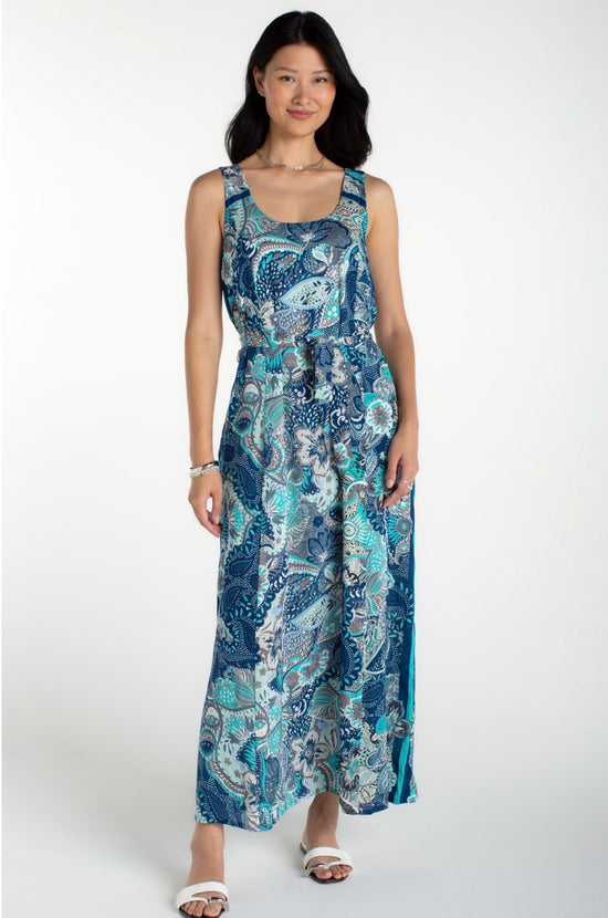 Liverpool Sleeveless Woven Maxi Dress w/Belt Aqua Blue Multi