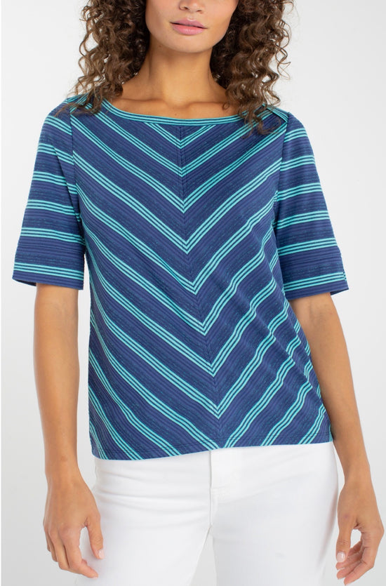 Liverpool 1/2 Sleeve Fold Over Boat Neck Blue Striped Knit Top