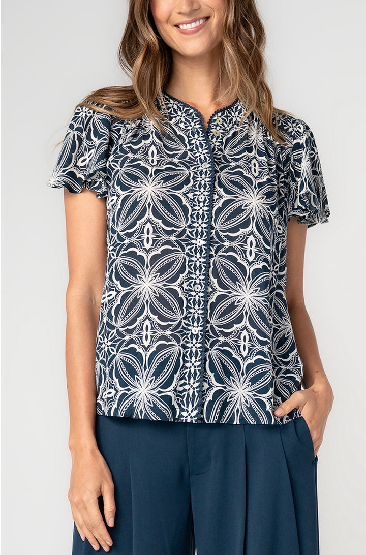Liverpool Flutter Short Sleeve Navy Print Button Front Woven Top