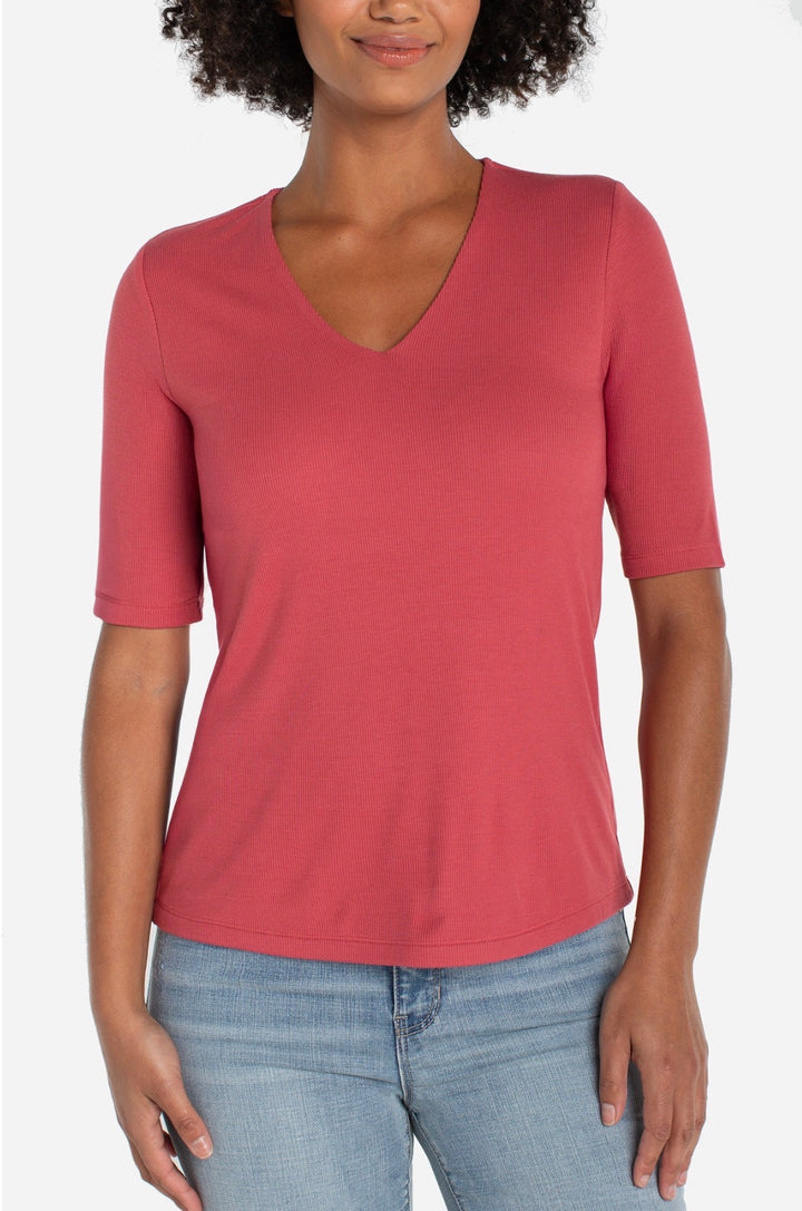 Liverpool 1/2 Sleeve V Neck Double Layer Front Knit Top Garnet Rose