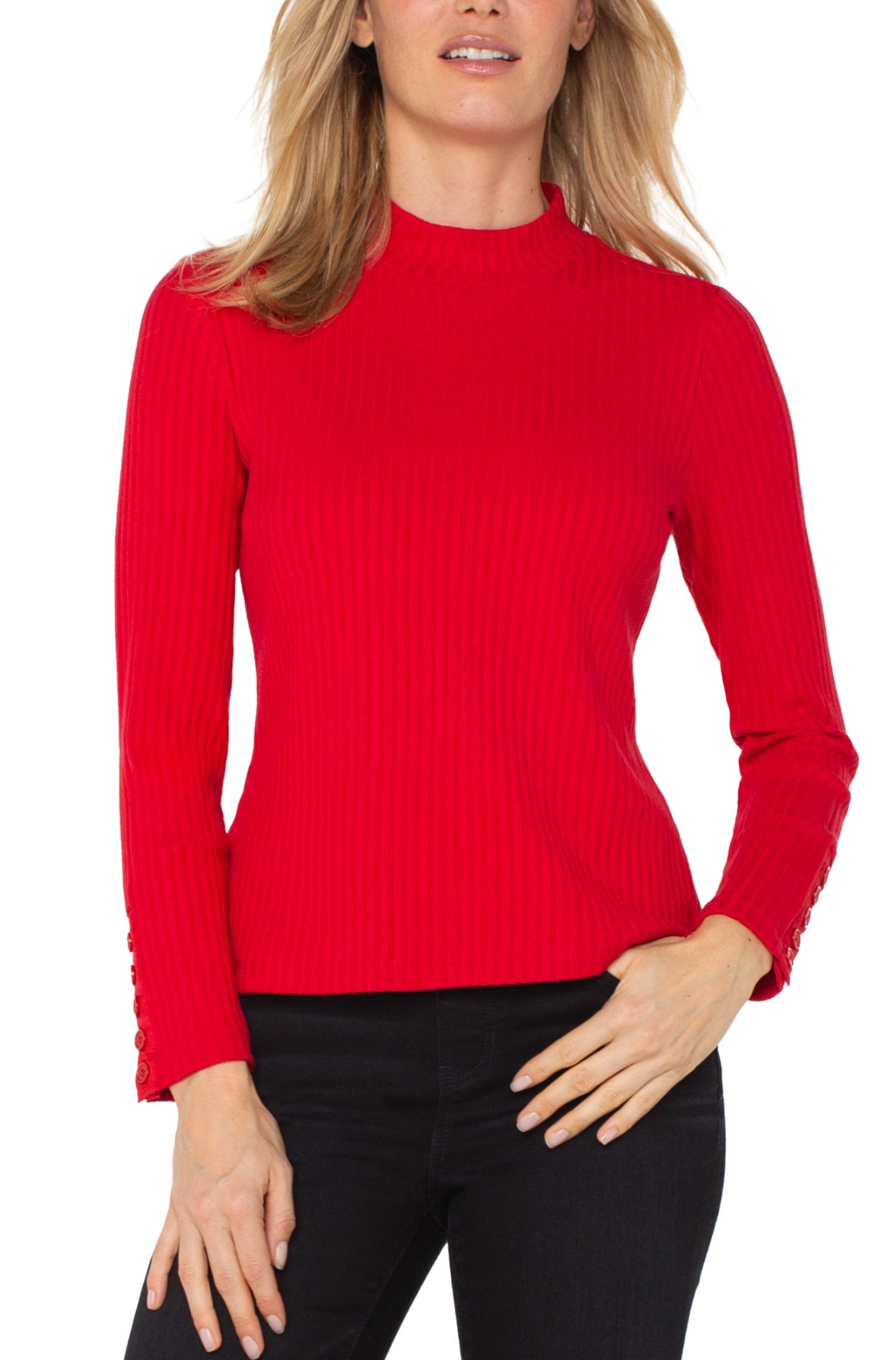 Liverpool L/S Mock Neck Sweater w/button Detail on Sleeve Red