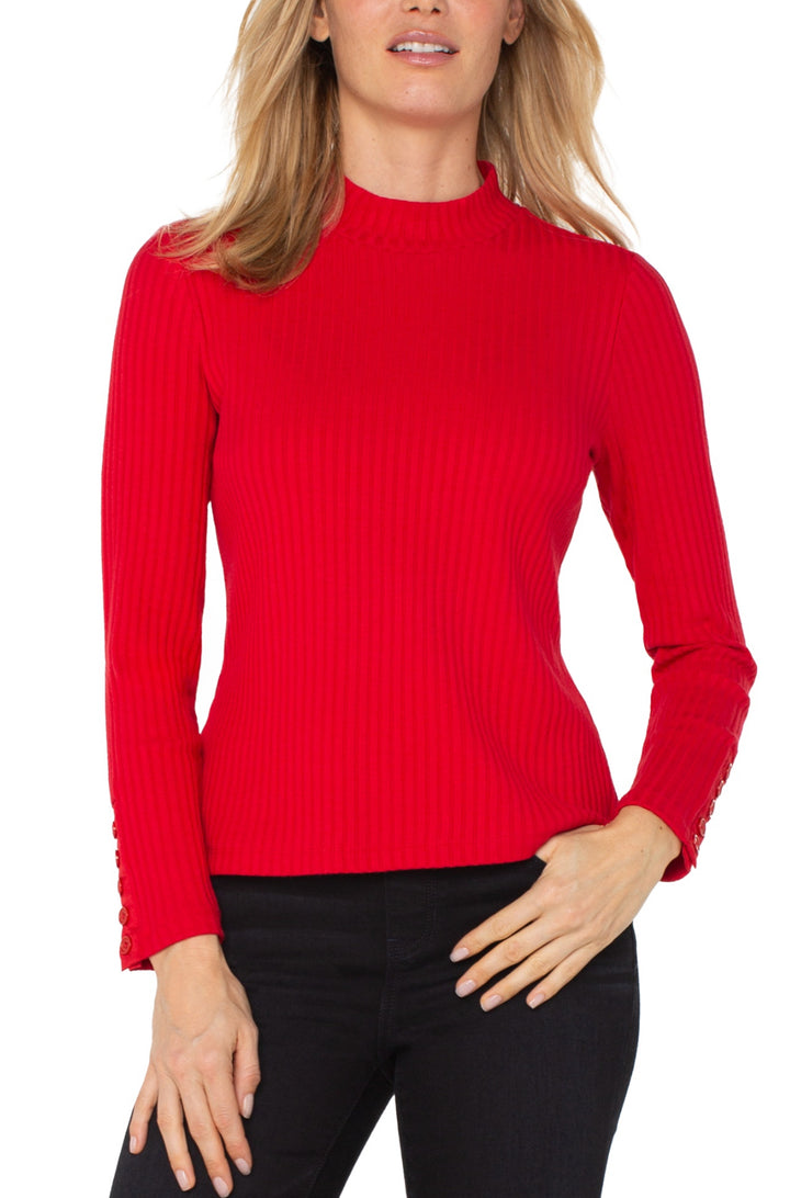 Liverpool L/S Mock Neck Sweater w/button Detail on Sleeve Red