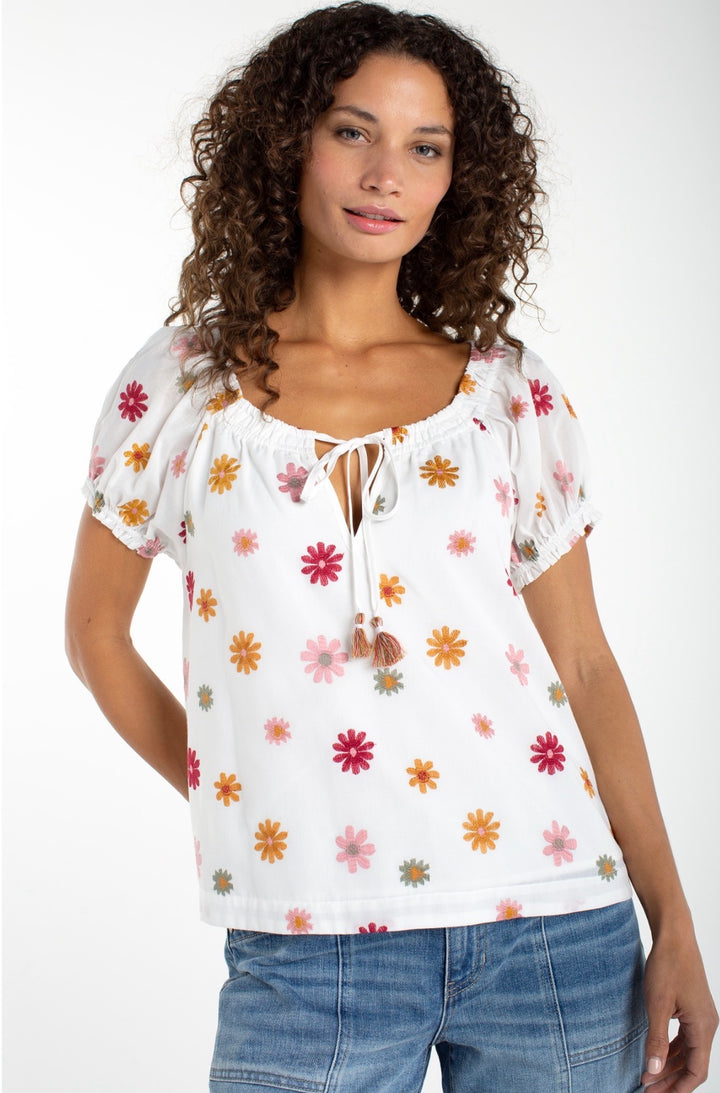 Liverpool Short Sleeve Tie Neck Woven Top Cream w/Flowers