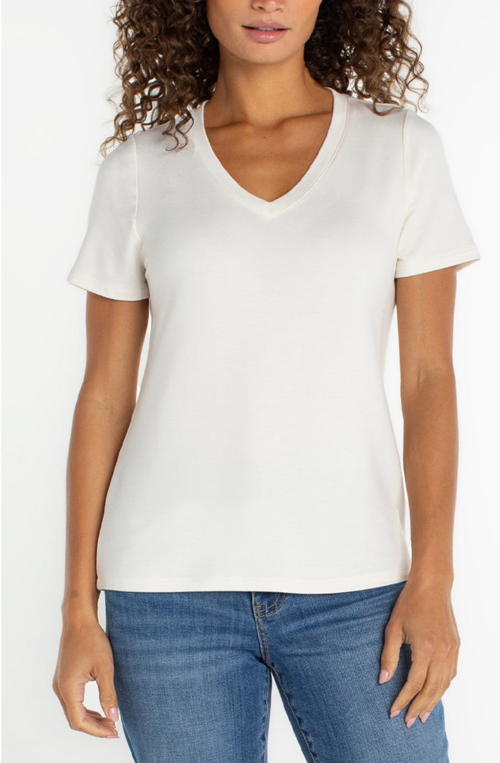 Liverpool Short Sleeve V Neck Knit Top French Cream