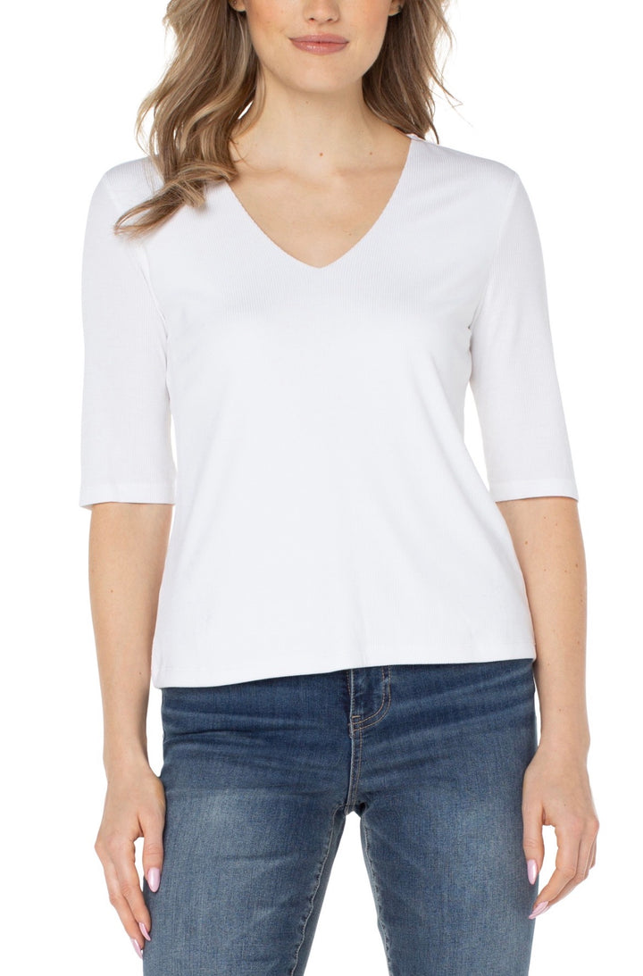 Liverpool 1/2 Sleeve V Neck Double Layer Front V Knit Top White