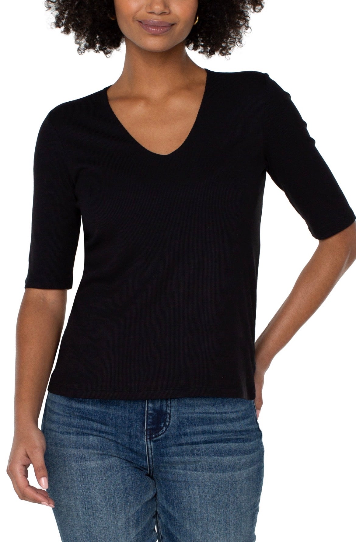 Liverpool 1/2 Sleeve V Neck Double Layer Front Knit Top Black