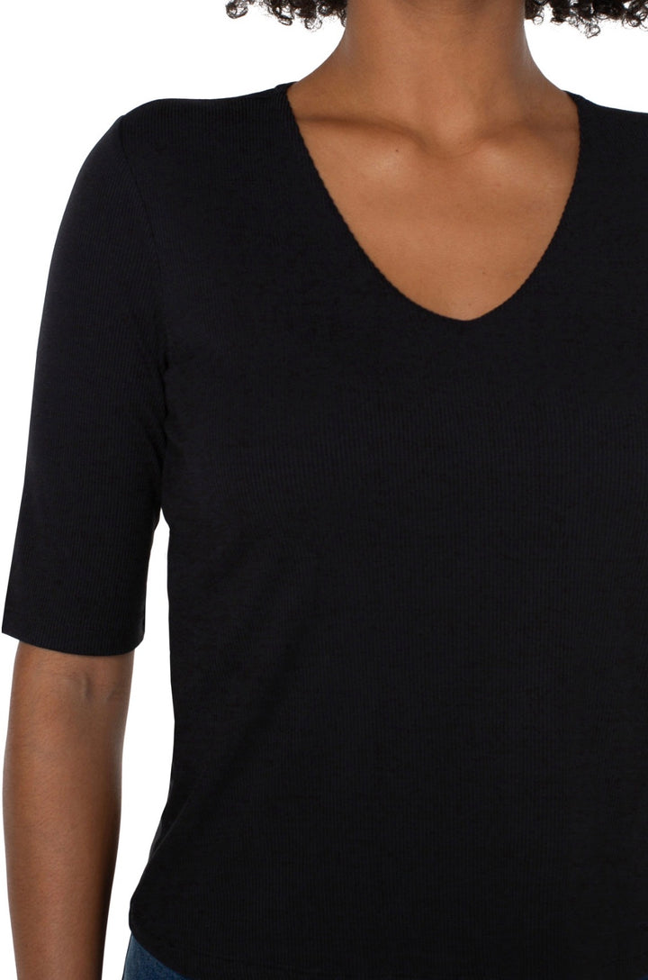 Liverpool 1/2 Sleeve V Neck Double Layer Front Knit Top Black