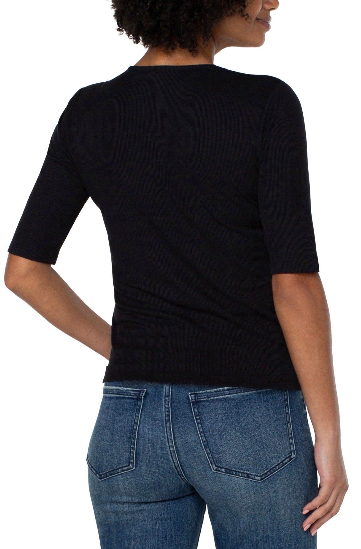 Liverpool 1/2 Sleeve V Neck Double Layer Front Knit Top Black