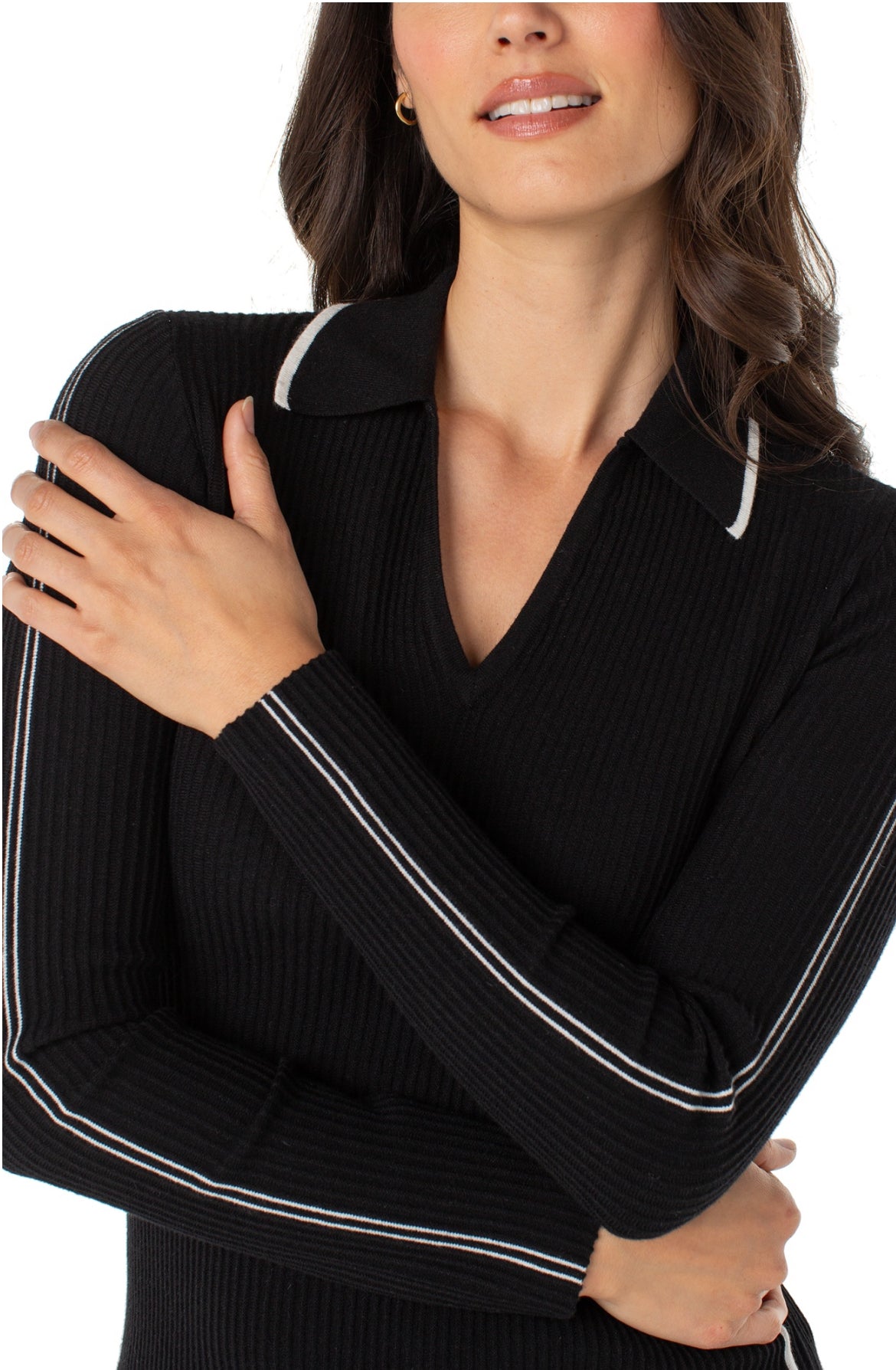 Liverpool L/S V neck Collared Sweater Blk White Stripe Sleeve