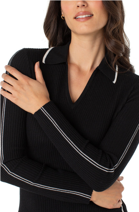 Liverpool L/S V neck Collared Sweater Blk White Stripe Sleeve