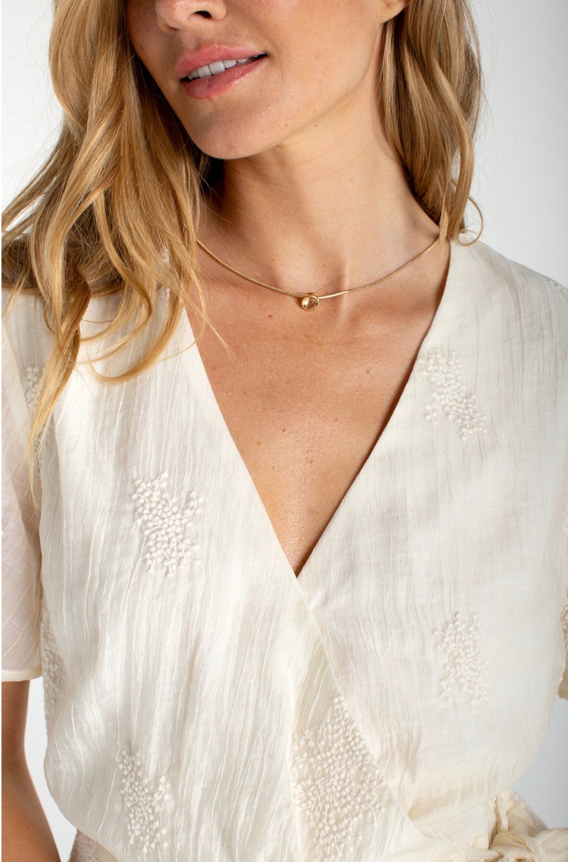 Liverpool Wrap Front Woven S/S Top W/Tie and Textured Pattern Cream