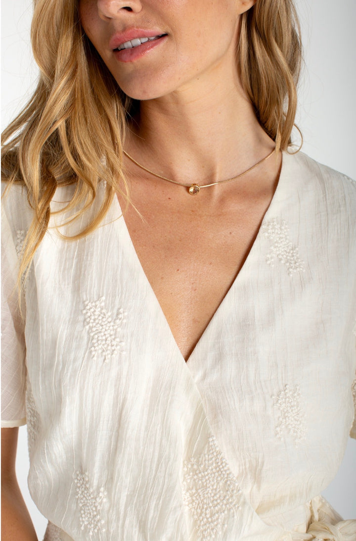 Liverpool Wrap Front Woven S/S Top W/Tie and Textured Pattern Cream