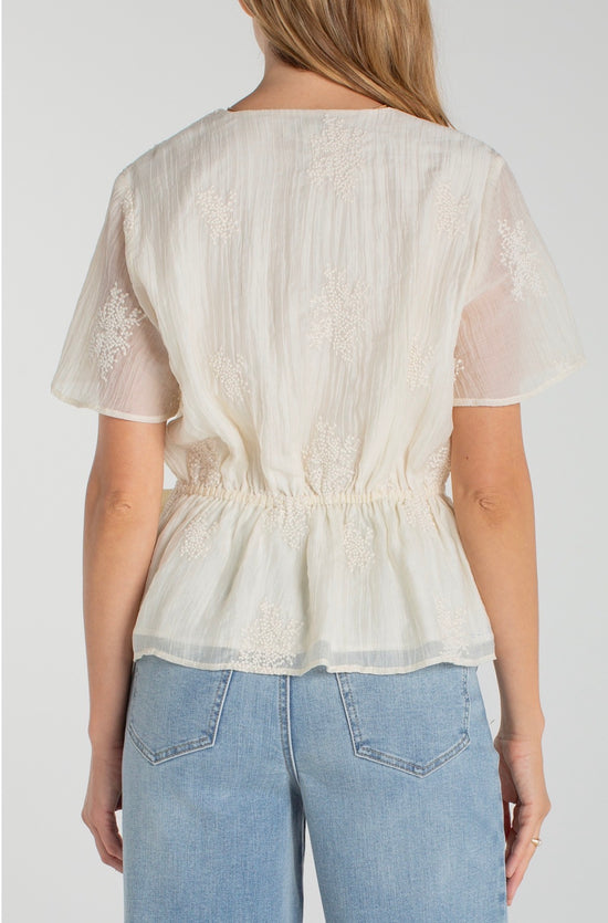 Liverpool Wrap Front Woven S/S Top W/Tie and Textured Pattern Cream