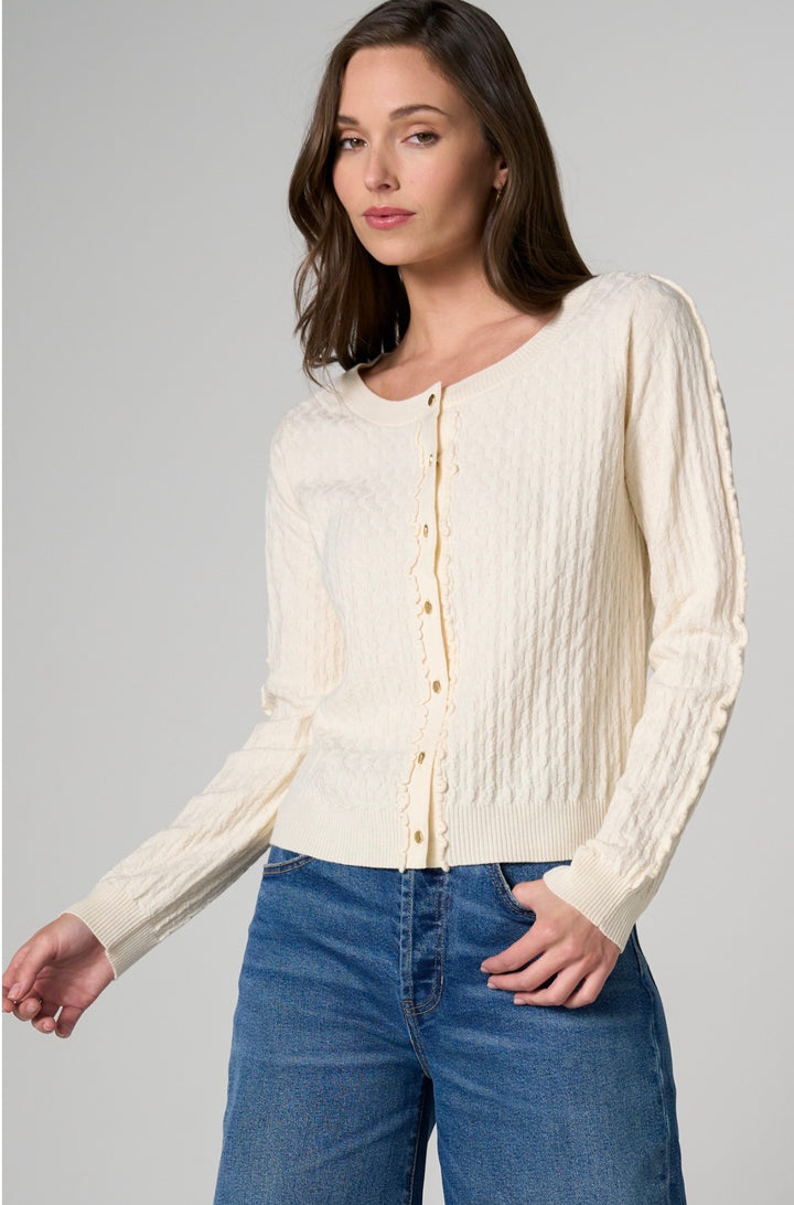 Liverpool Long Sleeve Button Front Cardigan w/Ruffles Cream