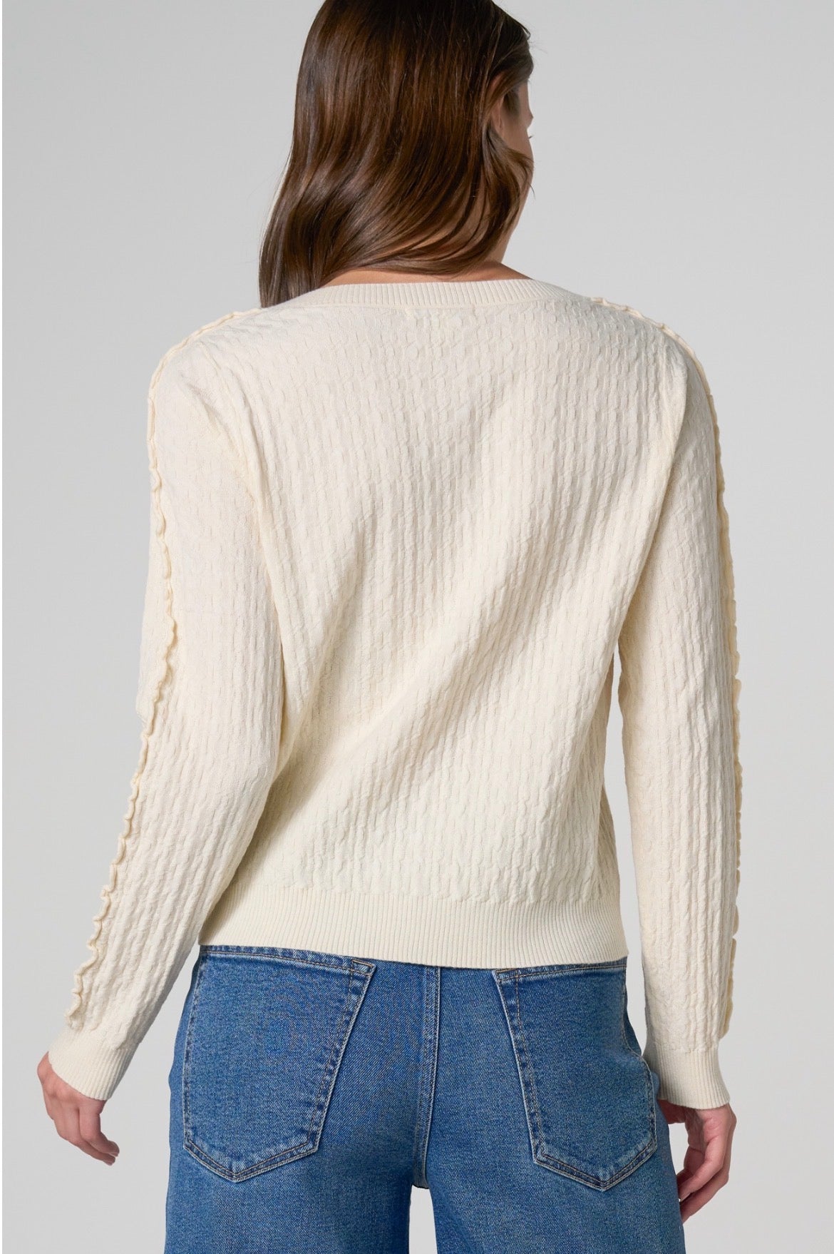 Liverpool Long Sleeve Button Front Cardigan w/Ruffles Cream
