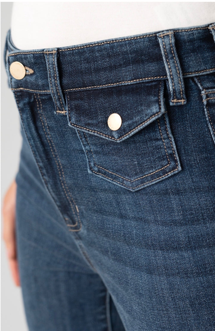 Liverpool Hannah High Waist Flare w/mini patch pockets wide hem 30" Inseam Dark Wash