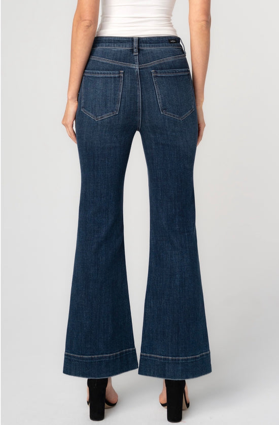 Liverpool Hannah High Waist Flare w/mini patch pockets wide hem 30" Inseam Dark Wash