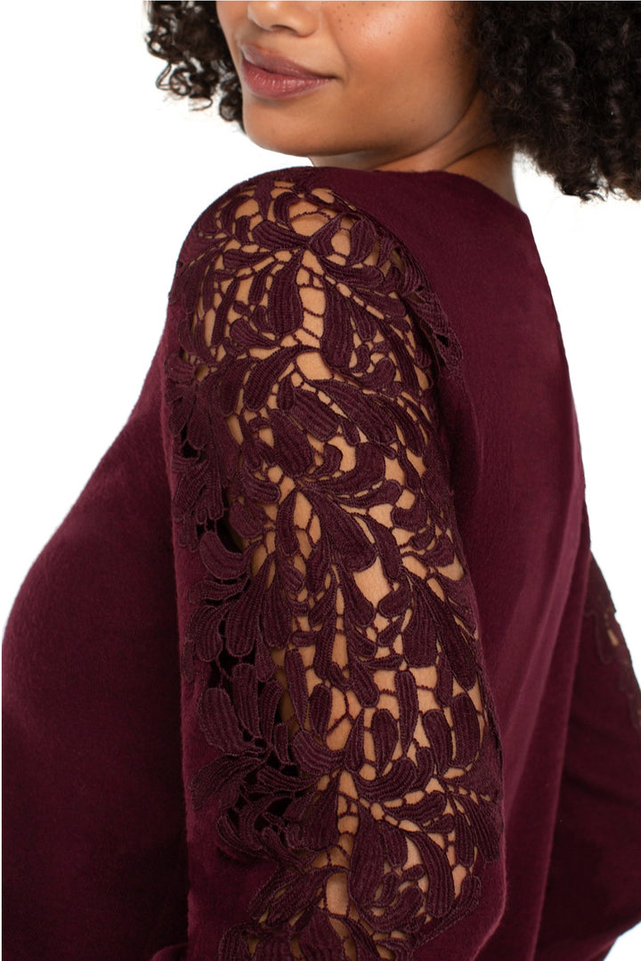 Liverpool L/S Crew Neck Lace Inset Sleeve Sweater Burgandy