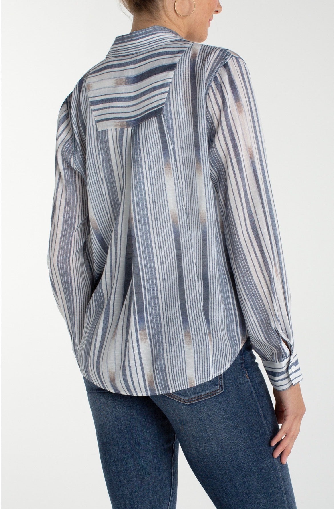 Liverpool L/S Button Front Blouse with Blue/White Stripes
