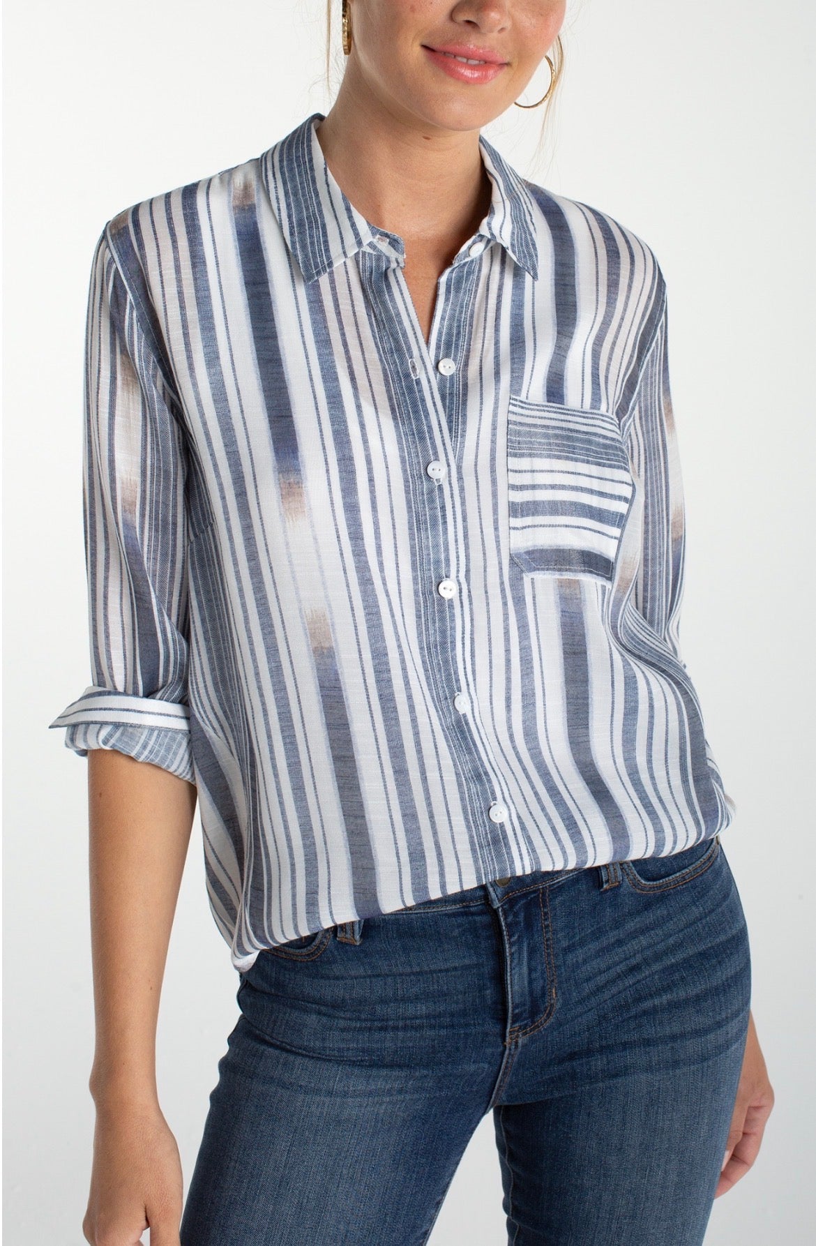 Liverpool L/S Button Front Blouse with Blue/White Stripes