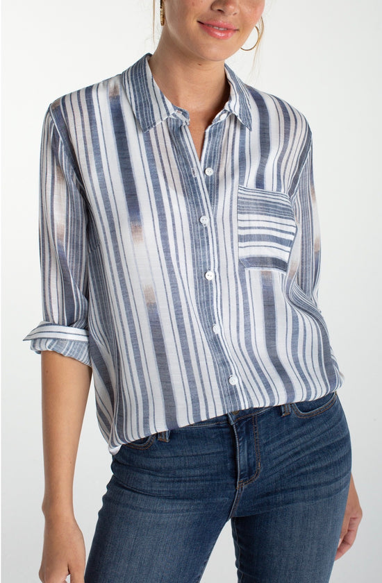 Liverpool L/S Button Front Blouse with Blue/White Stripes