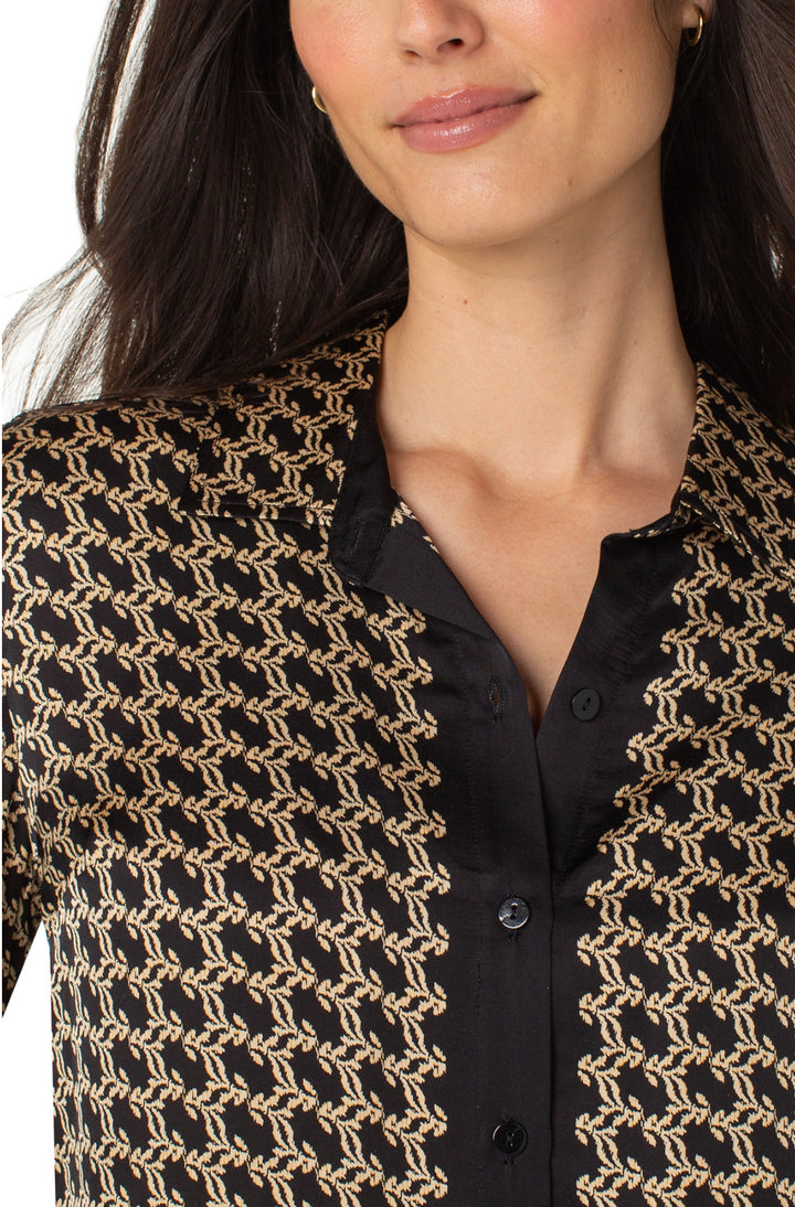 Liverpool L/S Button Front Woven Blk/Gold Print Blouse