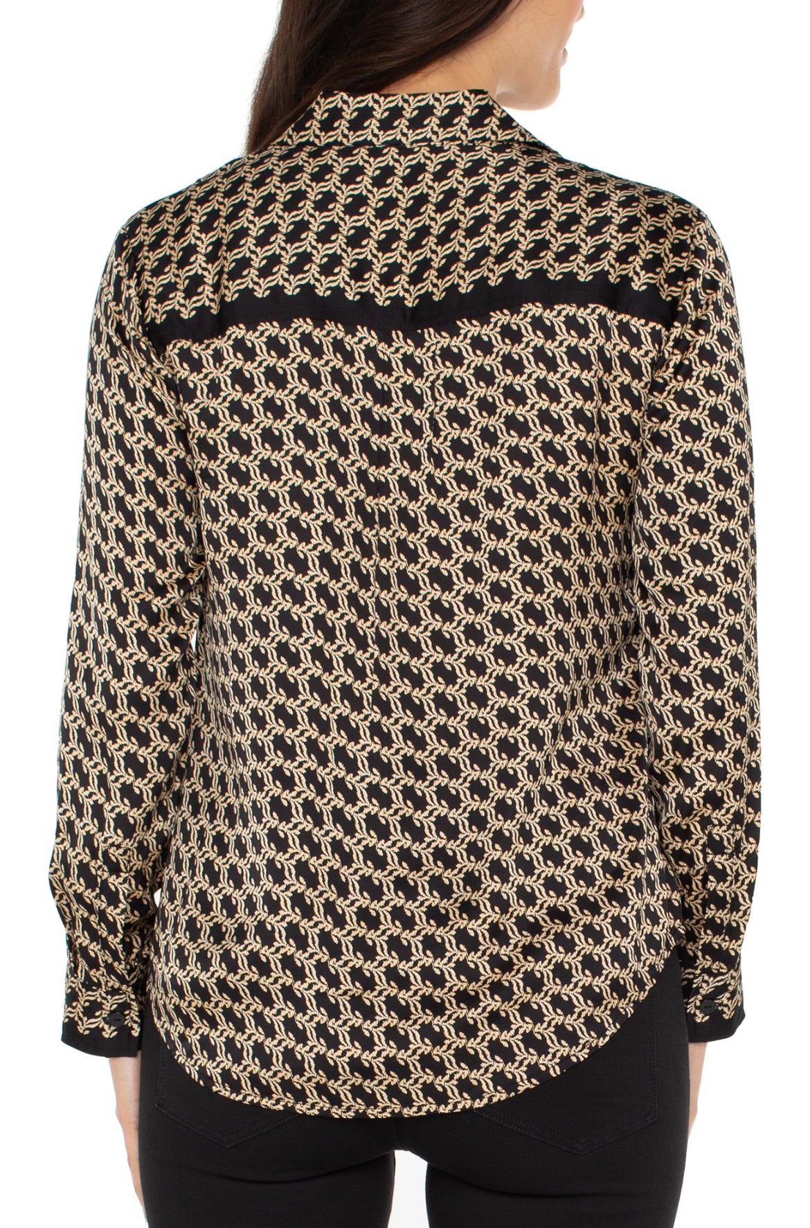 Liverpool L/S Button Front Woven Blk/Gold Print Blouse