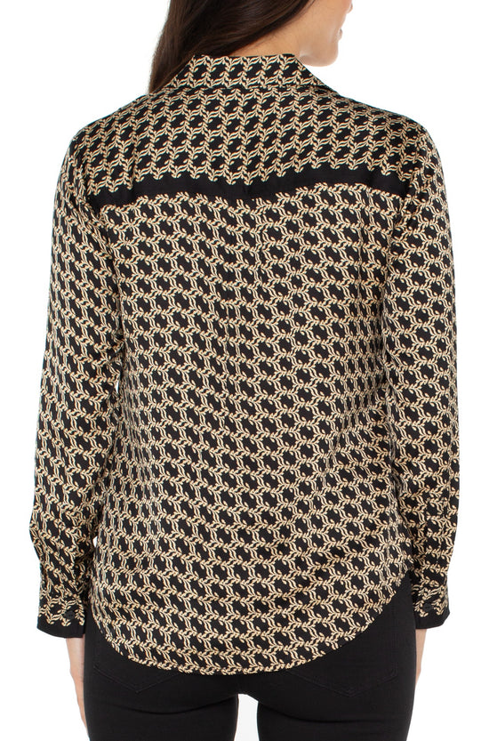 Liverpool L/S Button Front Woven Blk/Gold Print Blouse