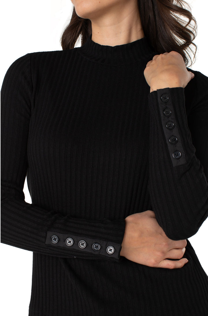 Liverpool L/S Mock Neck Sweater w/Button Sleeve Black