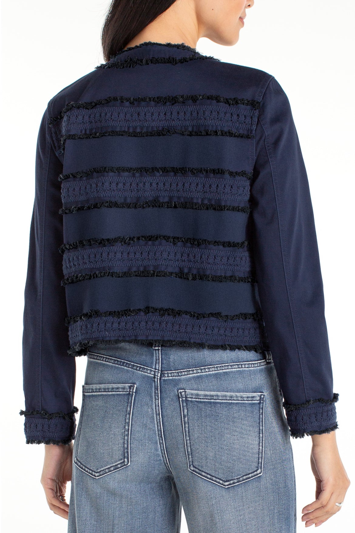 Liverpool Collarless Navy Jacket with Black Fray