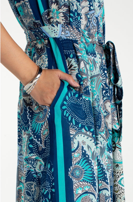 Liverpool Sleeveless Woven Maxi Dress w/Belt Aqua Blue Multi