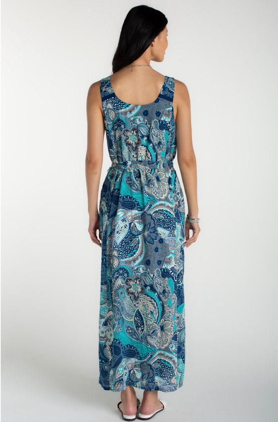 Liverpool Sleeveless Woven Maxi Dress w/Belt Aqua Blue Multi