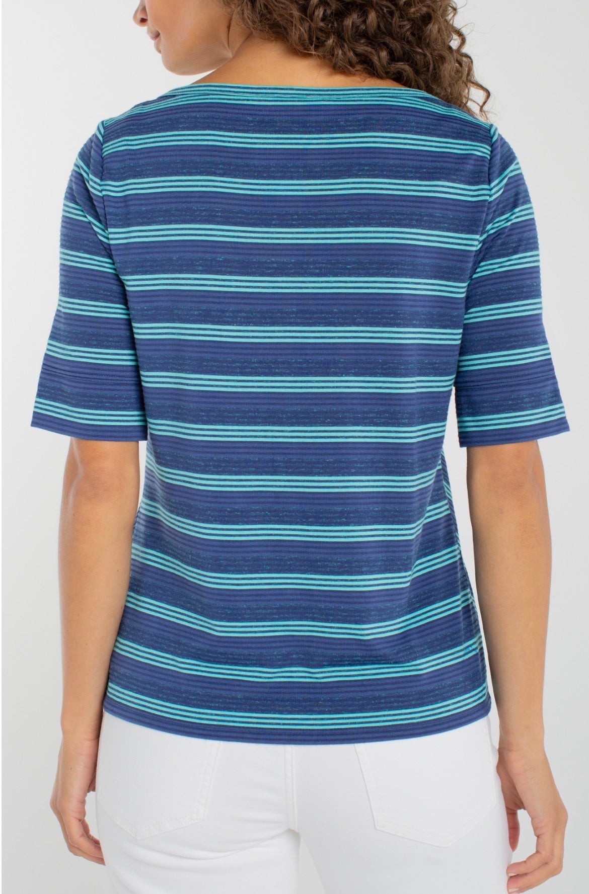 Liverpool 1/2 Sleeve Fold Over Boat Neck Blue Striped Knit Top