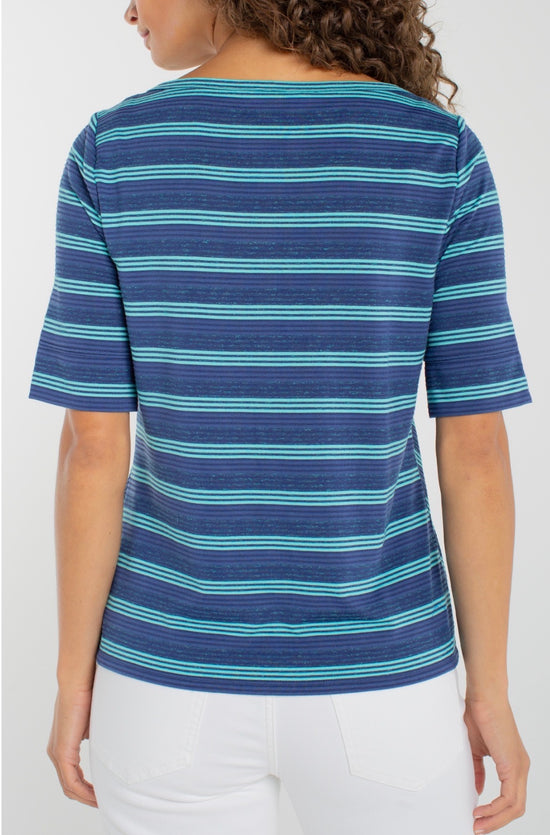 Liverpool 1/2 Sleeve Fold Over Boat Neck Blue Striped Knit Top