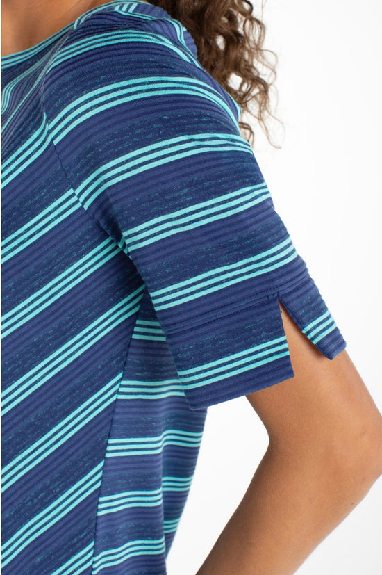 Liverpool 1/2 Sleeve Fold Over Boat Neck Blue Striped Knit Top