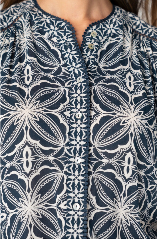 Liverpool Flutter Short Sleeve Navy Print Button Front Woven Top