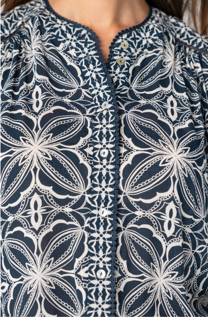 Liverpool Flutter Short Sleeve Navy Print Button Front Woven Top